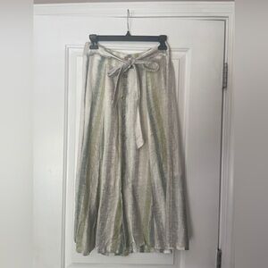 Anthro Tregene Striped Green and White Women's Linen Midi Skirt
